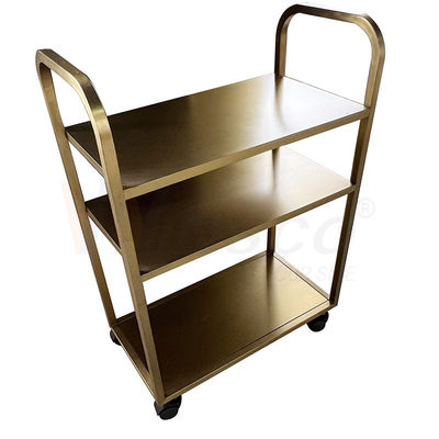 Titanium Gold Stainless Steel Metal Fabrication Brushed Finished Restaurant Hand Push Dining Trolley