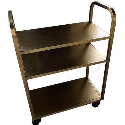 Titanium Gold Stainless Steel Metal Fabrication Brushed Finished Restaurant Hand Push Dining Trolley