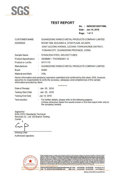 China (GuangDong)Foshan Winsco Metal Products Co., Ltd. certification